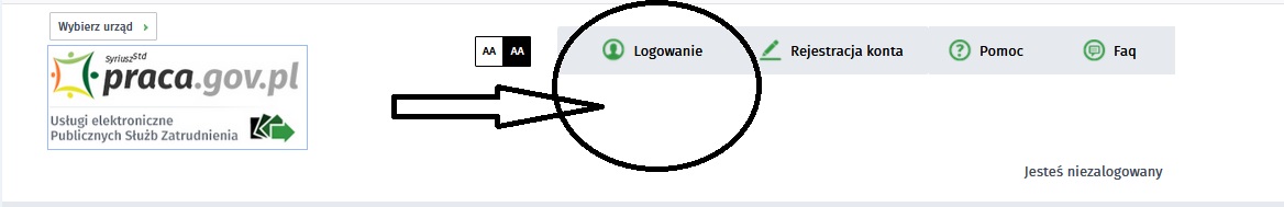 grafika przedstawiająca moduł praca.gov.pl z zaznaczoną czrnym okręgiem i strzałką ikoną Logowanie
