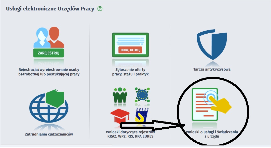 grafika przedstawiająca moduł praca.gov.pl z zaznaczoną czarnym okręgiem i strzałką ikoną wnioski o usługi i świadczenia z urzędu