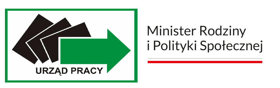 Logo Urzędu Pracy: prostokąt z zielonym obramowaniem zaznaczonym grubą linią. W środku 3 czarne prostokąty częściowo nałożone na siebie, ułożone w skosie, przypominające rozkładany wachlarz. Na pierwszy z czarnych prostokątów nachodzi duża zielona strzałka skierowana w prawą stronę. Pod rysunkiem napis w kolorze czarnym URZĄD PRACY. Obok Logo Ministra Rodziny i Polityki Społecznej: tekst Minister Rodziny i Polityki Społecznej wyrażenie zapisane dużą czcionką w kolorze czarnym. Tekst zapisany w dwóch linijkach. Pod tekstem podkreślenie w kolorach flagi Polski tj. biało-czerwonym .