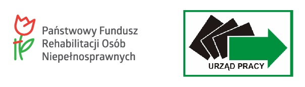 Logo PFRON:czerwony tulipan z zieloną łodygą i liściem. Spięty czerwoną  linią z podpórką będąca po jego lewej stronie. Logo urzędów pracy: prostokąt z zielonym obramowaniem zaznaczonym grubą linią. W środku 3 czarne prostokąty częściowo nałożone na siebie, ułożone w skosie, przypominające rozkładany wachlarz. Na pierwszy z czarnych prostokątów nachodzi duża zielona strzałka skierowana w prawą stronę. Pod rysunkiem napis w kolorze czarnym URZĄD PRACY