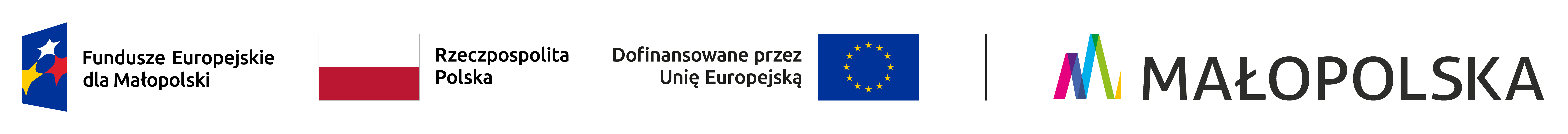 Zestawienie logotypów zawierające od lewej znak Funduszy Europejskich z podpisem Fundusze Europejskie dla Małopolski (granatowy trapez, w jego środku trzy pięcioramienne gwiazdy: biała, czerwona, żółta. Z prawej strony trapezu napis Fundusze Europejskie dla Małopolski), następnie flaga Rzeczypospolitej Polskiej (biało czerwony prostokąt, obok napis Rzeczypospolita Polska), następnie znak Unii Europejskiej złożony z napisu Dofinansowane przez Unię Europejską i flagi Unii Europejskiej (granatowy prostokąt, pośrodku okrąg złożony z 12 złotych gwiazd). Po pionowej linii rozdzielającej, oficjalne logo województwa małopolskiego (wielobarwna wstęga ułożona w kształt litery M, za nią napis dużymi literami MAŁOPOLSKA)