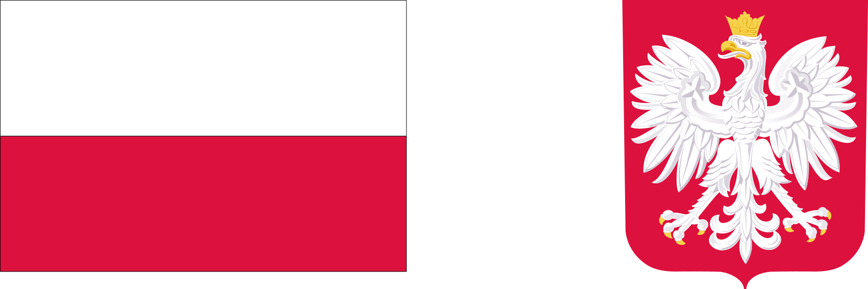 Po lewej stronie flaga Rzeczypospolitej Polskiej - prostokąt z dwoma poziomymi pasami, białym i czerwonym, po prawej stronie wizerunek godła Rzeczypospolitej Polskiej - biały orzeł w złotej koronie na czerwonym tle