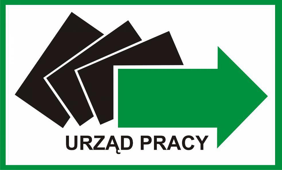 Prostokąt z zielonym obramowaniem zaznaczonym grubą linią. W środku 3 czarne prostokąty częściowo nałożone na siebie, ułożone w skosie, przypominające rozkładany wachlarz. Na pierwszy z czarnych prostokątów nachodzi duża zielona strzałka skierowana w prawą stronę. Pod rysunkiem napis w kolorze czarnym URZĄD PRACY