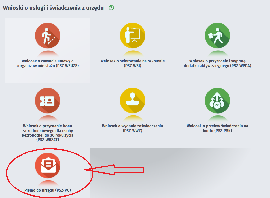 grafika przedstawiająca moduł praca.gov.pl z zaznaczoną czerwonym okręgiem i strzałką ikoną koperty z dokumentem