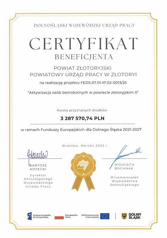 Certyfikat beneficjenta PUP Złotoryja